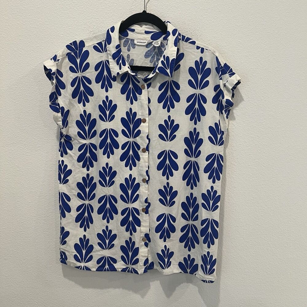 Midnight Sky Womens Linen Blend Button Front Shirt Blue White Leaf Print Medium